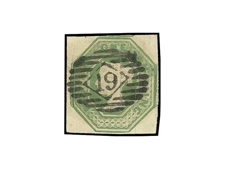 1847/54, 1 sh. pale green, good to wide margins and nice fresh colour neatly cancelled by central "19", extremely fine, signe