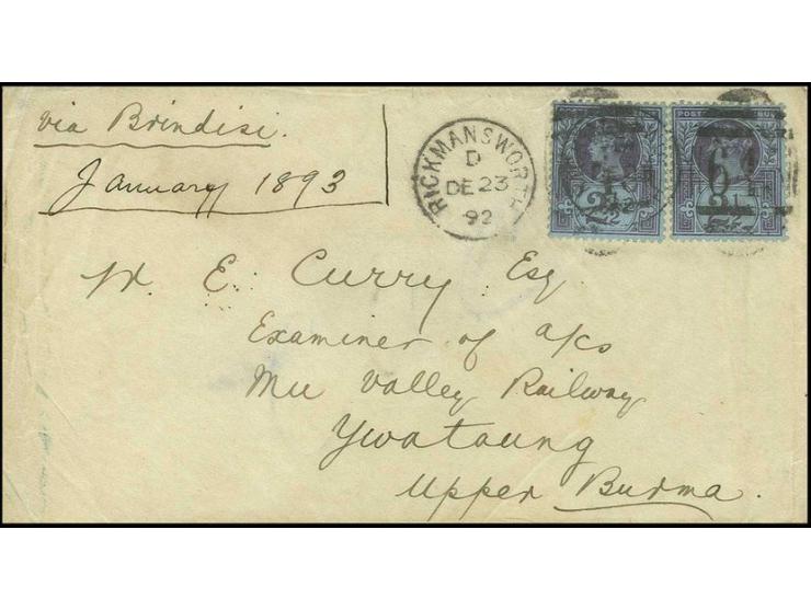 1887/92, Jubilee 2½ d., 2 copies tied to cover from "RECKMANSWORTH DE 23 92" to Ywataung, Burma with transit and arrival mark