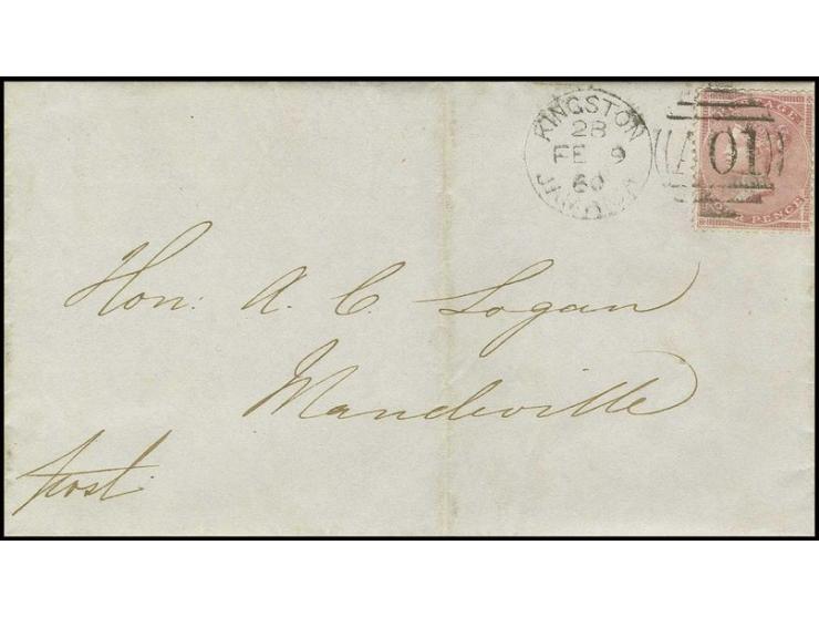 JAMAICA: "KINGSTON JAMAICA FE 9.60/A01" dublex cancel on 4 d. rose on complete folder cover to Mandeville, fine