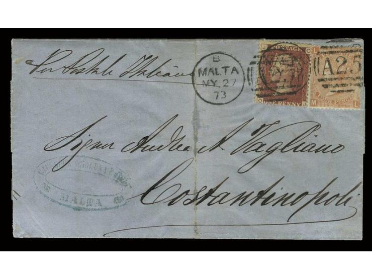 MALTA: "A25 / Malta MY 27 73" on 1 d. red and 4 d. orange on entire letter  to Constantinople with arrival mark of the Britis