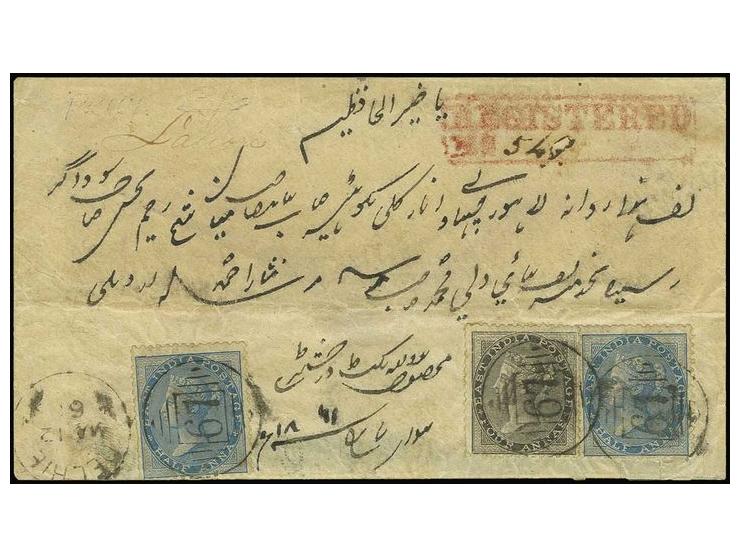 1861, 1/2 a. blue (2) and 4 a. black with numeral "67" on registered cover from  "DELHIE 12 MAR." with "REGISTERD" boxed hand
