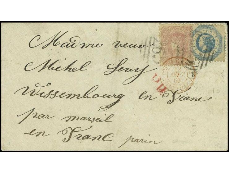 1859, 1 sh. blue with 1862, 4 d. dull rose on entire to Wissenbourg/Elsaß, small faults