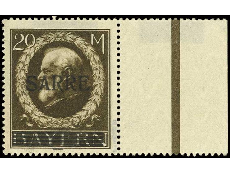 Ludwig 20 Mark mit Aufdruck SARRE, rechtes Randstück von Feld 12 mit dem nur auf diesem Feld vorkommenden dicken Kontrollstri