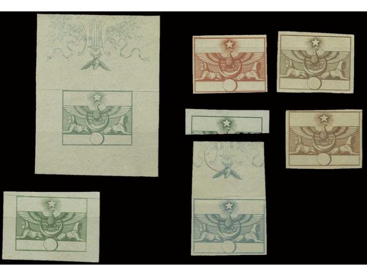 Riester Essays without ornamentation at top (2) in green and brown, additional green, blue, brown and red examples with trimm
