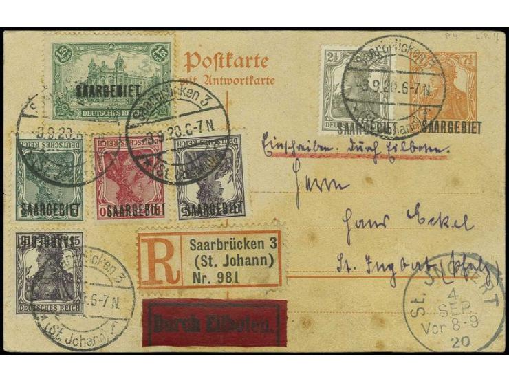 Germania 2 ½ Pfennig mit Aufdruck "SAARGEBIET" auf Aufdruck-Ganzsachenkarte 7 ½ Pfennig mit weiterer Zufrankatur Germania 5 P