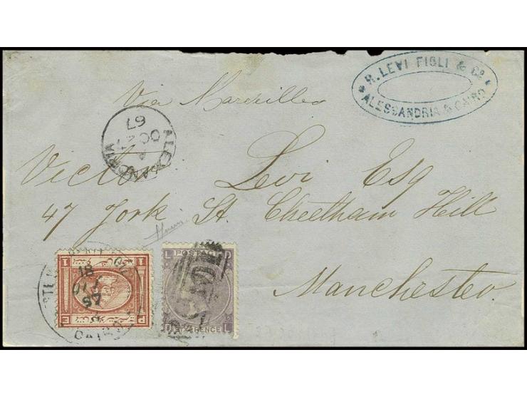 1 pia. red used on 1867 cover front to Manchester tied by "Poste Vice-Reali Egiziane / Cairo" cds in black, in combination wi