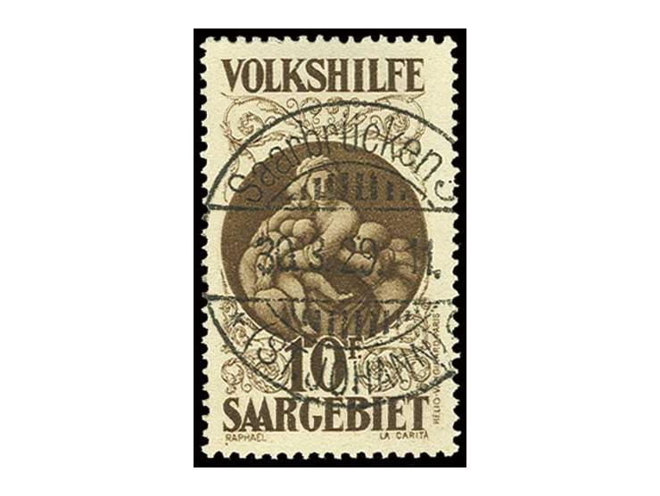 1928, Volkshilfe Madonna 10 Francs, sauber zentrisch gestempelt "Saarbrücken 3 (ST. JOHANN) 30.3.29", Kabinett, Fotoatteste H