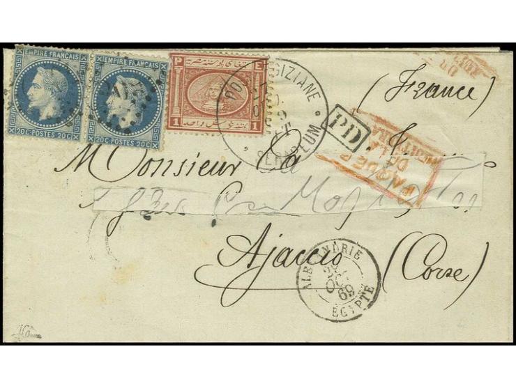 1 pia. red used on 1869 cover to Ajaccio / Corsica cancelled by "Poste Egiziane / Serapeum" datestamp (very rare) in combinat