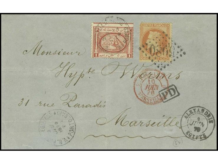 1 pia. red used on 1870 cover, side flaps removed and adhesive crossed by file fold, to Marseille tied by "V.R. Poste Egizian