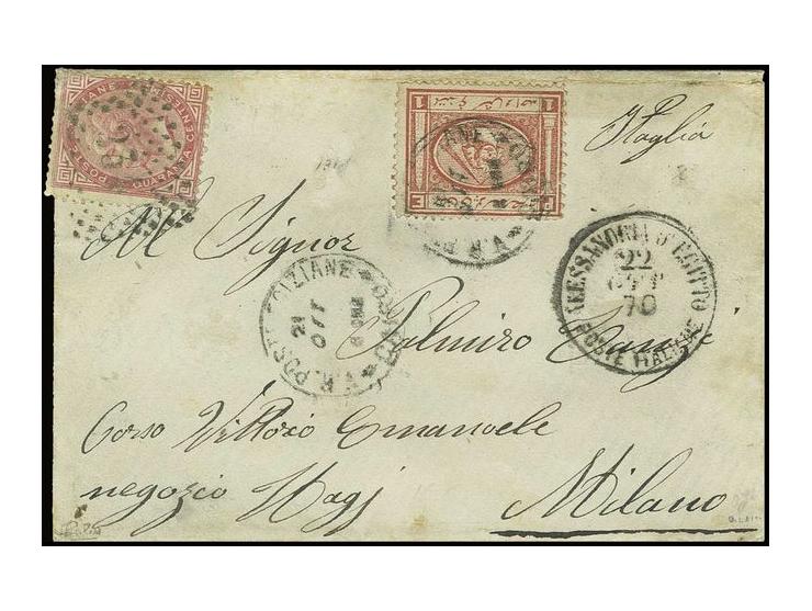 1 pia. red cancelled at Cairo used on 1870 cover to Milan in combination with Italy 1863 40 c. carmine rose tied by ´234´nume