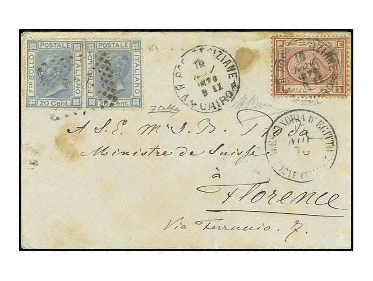 1 pia. red, toned, cancelled by Cairo cds (Nov 16) in black, used in combination with Italy 1867 20 c. blue (2) tied by ´234´