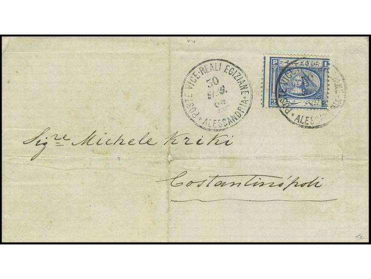 2 pia. blue, single example centred to right, used on 1869 double rate "Port to Port" cover tied by "Poste Vice-Reali Egizian