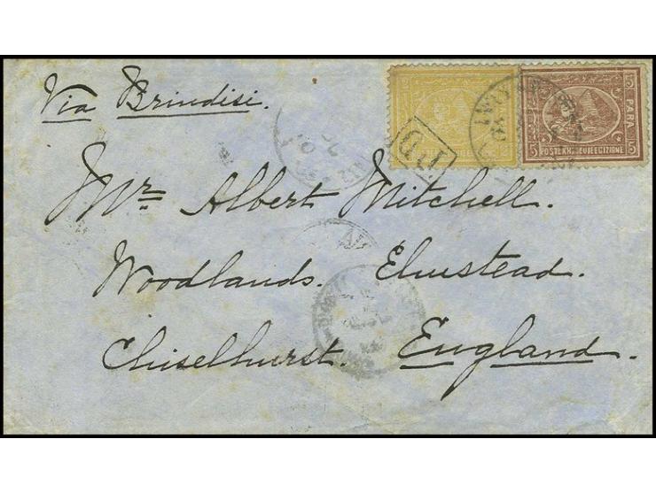 5 pa. brown and single 2 pia. yellow used on 1875 cover to Chislehurst, UK cancelled by arabic dated "Luxor" cds in black. As