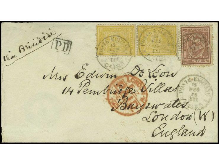 5 pa. brown and horizontal pair of 2 pia. yellow used on 1875 cover to London tied by Cairo datestamps (Feb 13) in black. Rev
