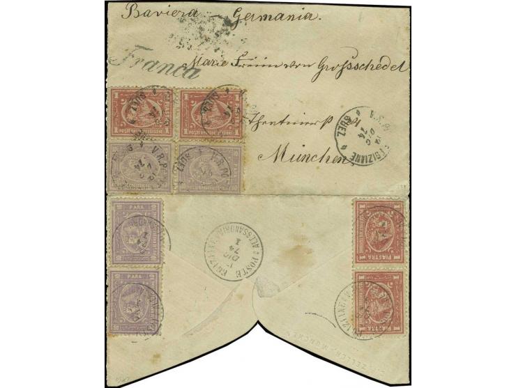 10 pa. mauve (4) and 1 pia. red (4), used on small double rate cover to Munich, with stamps applied on front cancelled on dep