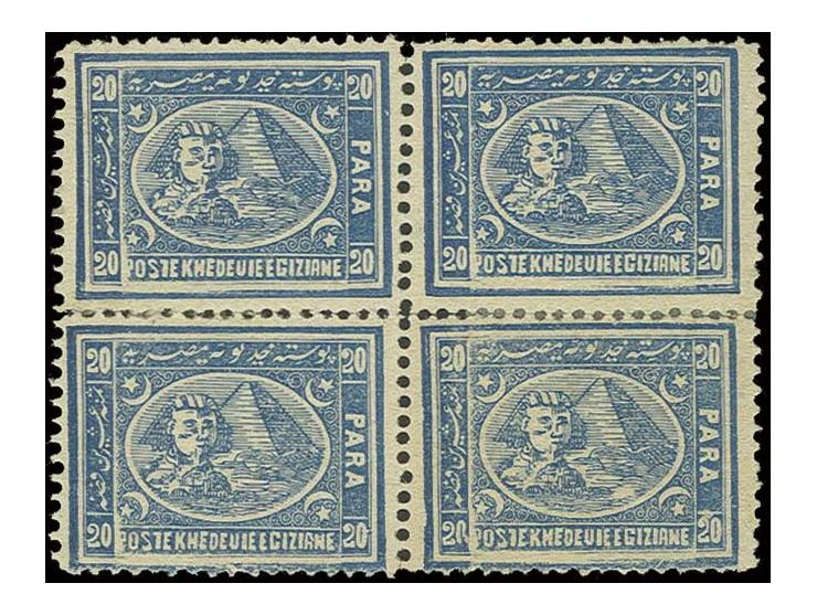 20 pa. blue, perf. 13 1/4, typographed, magnificent mint block of four, positions 184-185/194-195, fresh colour and fine, lar