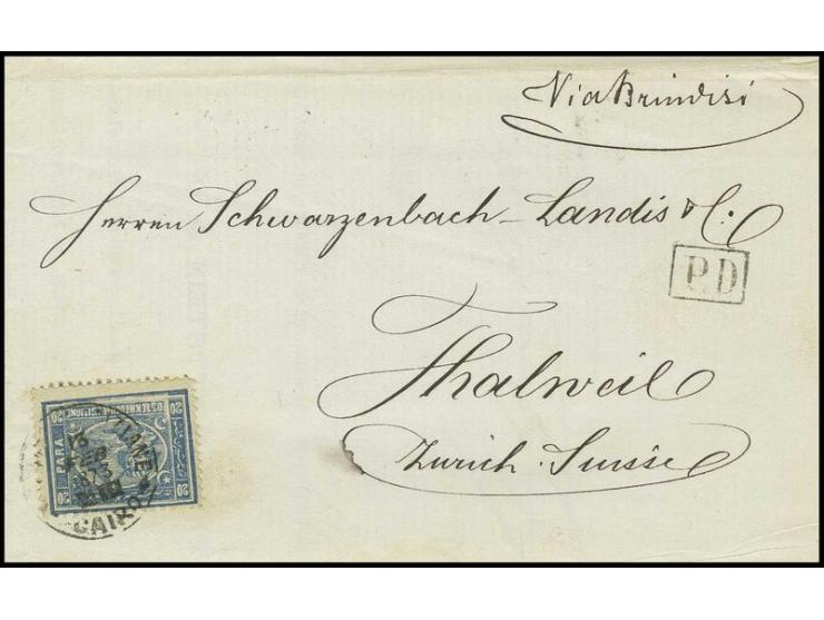 20 pa. blue, typographed, a superb single example used on 1873 Printed Matter rate entire letter to Thalweil, Switzerland tie