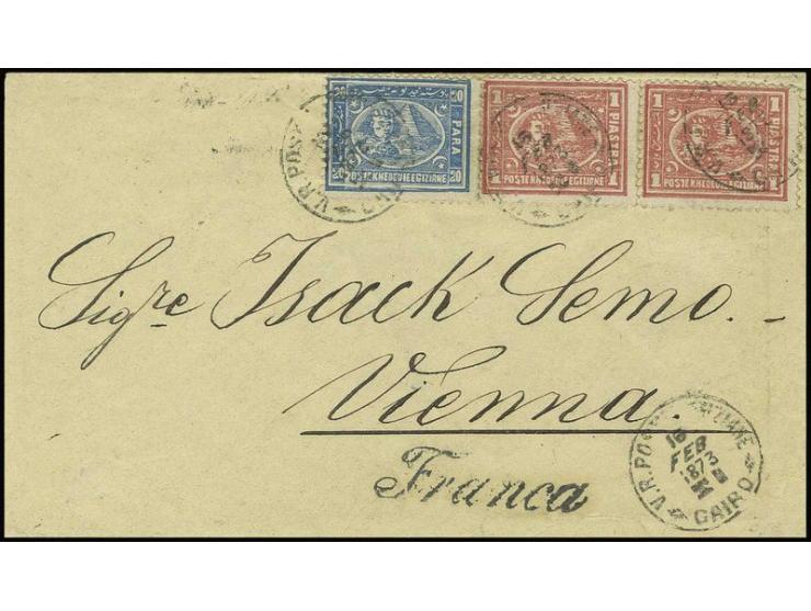 20 pa. blue and 1 pia. red (2), all typographed, used on attractive cover to Vienna from Cairo; struck with fine italic "Fran