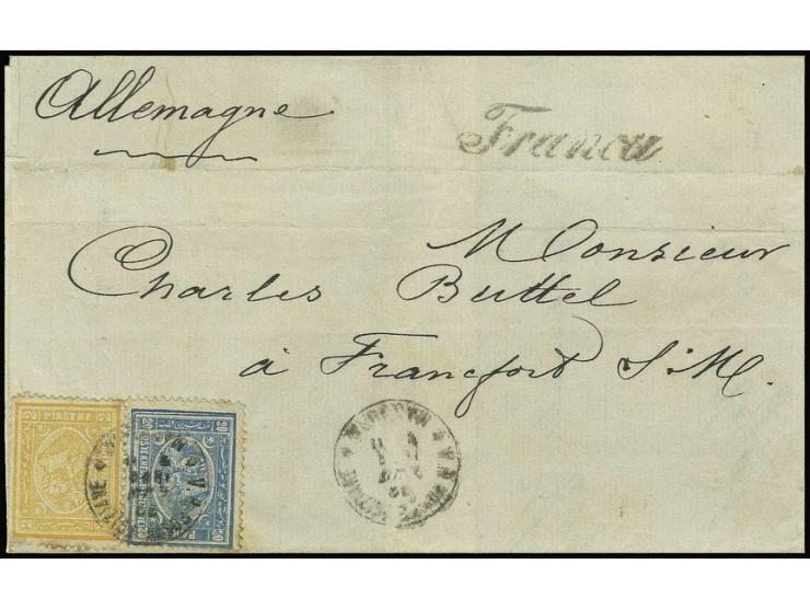 20 pa. blue and 2 pia. yellow used on 1872 cover from Mansura to Frankfurt with italic "Franca" at top, reverse with Alexandr