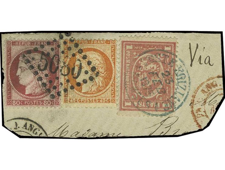 1 pia. red, fine example tied to small piece by very scarce "Poste Egiziane / Ramses" datestamp in blue, in combination with 