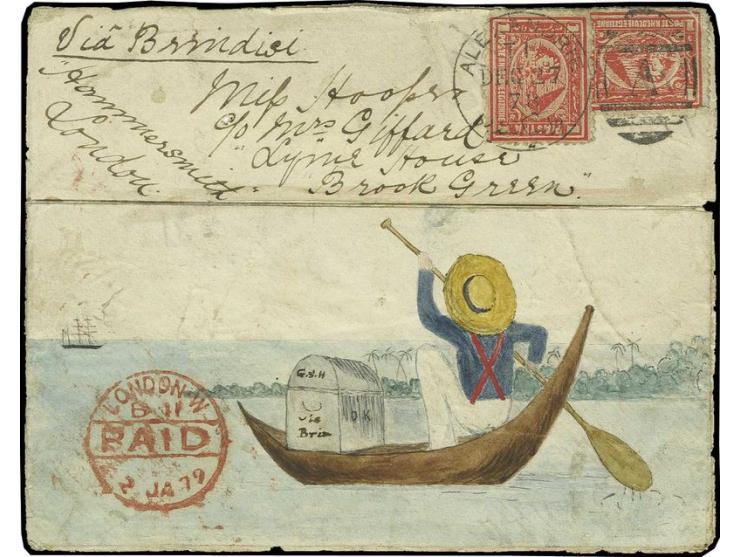 1 pia. red, two examples used on delightful 1878 hand-painted cover front to London, neatly cancelled by "Alexandrie-A" duple
