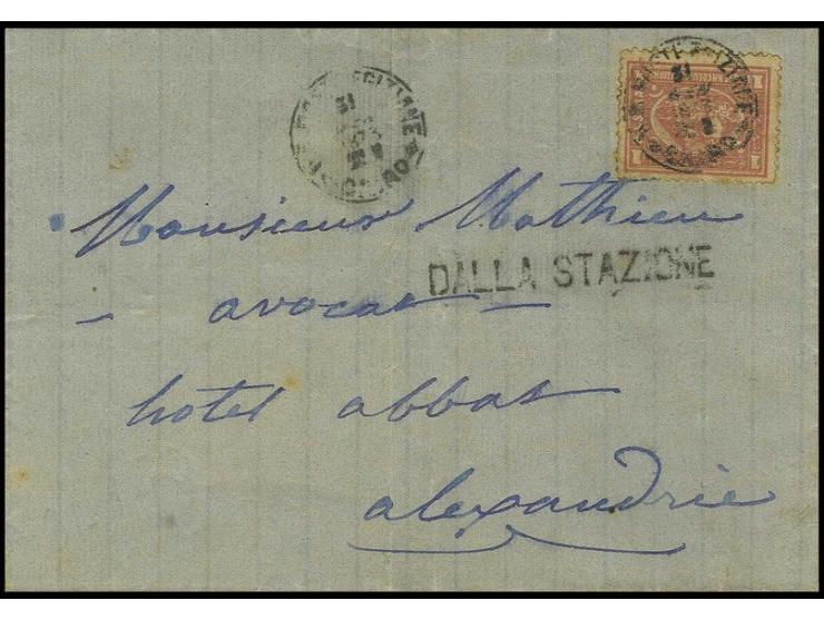1 pia. red, typographed, a toned example used on 1873 entire letter to Alexandria cancelled by Cairo datestamp (Jan 31) with 