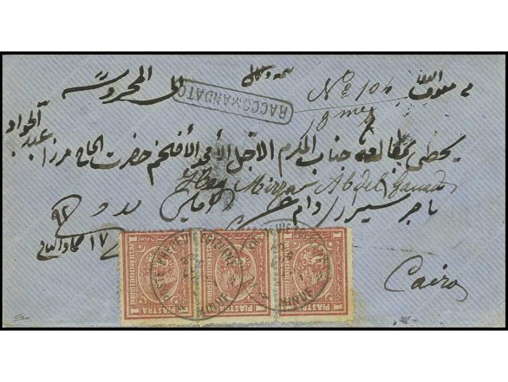1 pia. red, typographed, vertical strip of three on fine 1875 registered cover to Cairo cancelled by "Poste Khedevie Egiziane