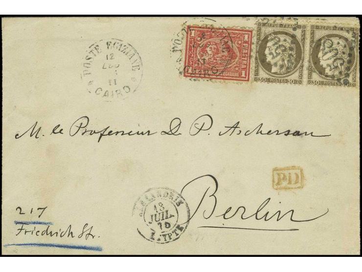 1 pia. red in combination with French Post Ceres 30 c. bistre brown in horizontal pair on cover from Cairo via Alexandria to 