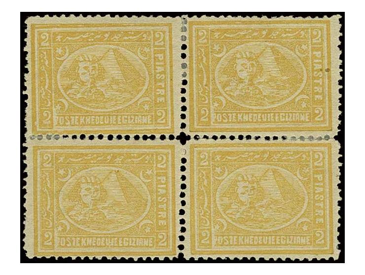 2 pia. yellow, perf. 12 ½ x 13 1/4, fresh and fine mint block of four, tiny speck on one stamp but with large part original g