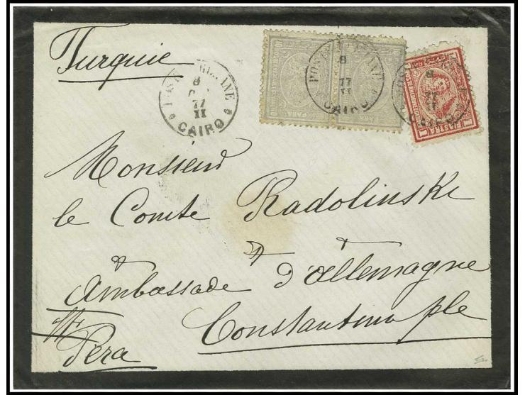 10 pa. grey vertical pair and 1 pia. red used on 1877 mourning envelope to Count Radolinski in Constantinople tied by "Poste 