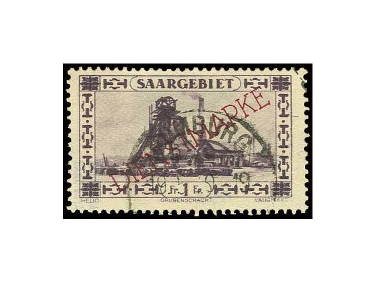 1 Franc mit Aufdruck in dunkelrotkarmin, sauber gestempelt "HOMBURG 19.5.30", Pracht, sign. ArGe Saar sowie Fotoattest Chr. N