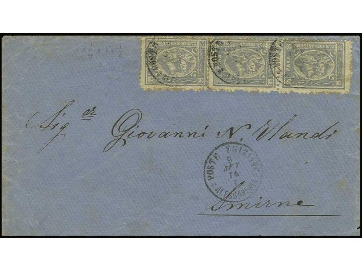 20 pa. grey-blue, horizontal strip of three paying 1 ½ piastre rate, used on 1876 cover to Smirne, cancelled by "Poste Egizia