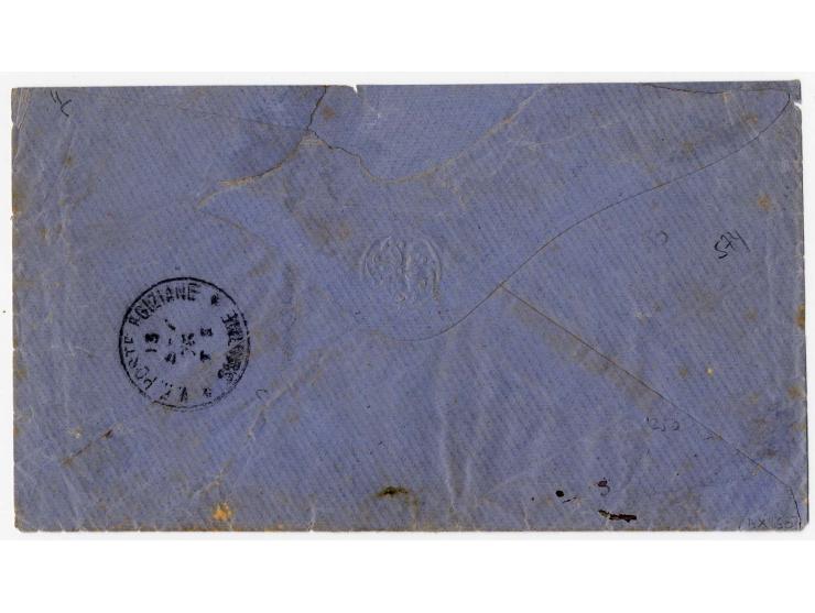 20 pa. grey-blue, horizontal strip of three paying 1 ½ piastre rate, used on 1876 cover to Smirne, cancelled by "Poste Egizia
