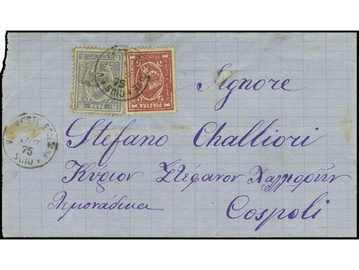 20 pa. grey blue and 1 pia. red, used on 1875 cover from Chios to Constantinople cancelled by good strike "V. R. POSTE EGIZIA