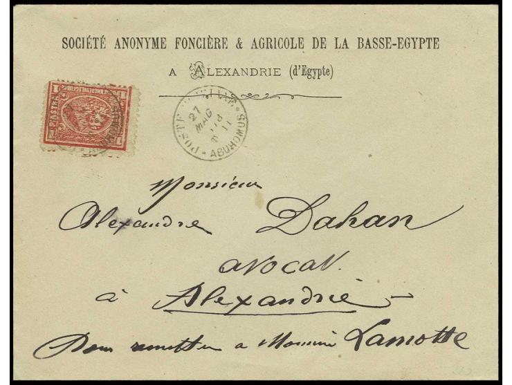 1 pia. red, fine example used on 1878 printed envelope for "Societe Anonyme Fonciere & Agricole De La Basse Egypte", tied by 
