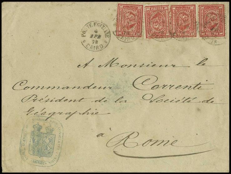 1 pia. red, four examples used on 1878 cover to Rome / Italy tied by Cairo cds´s in black (April 6) with blue Consular cachet
