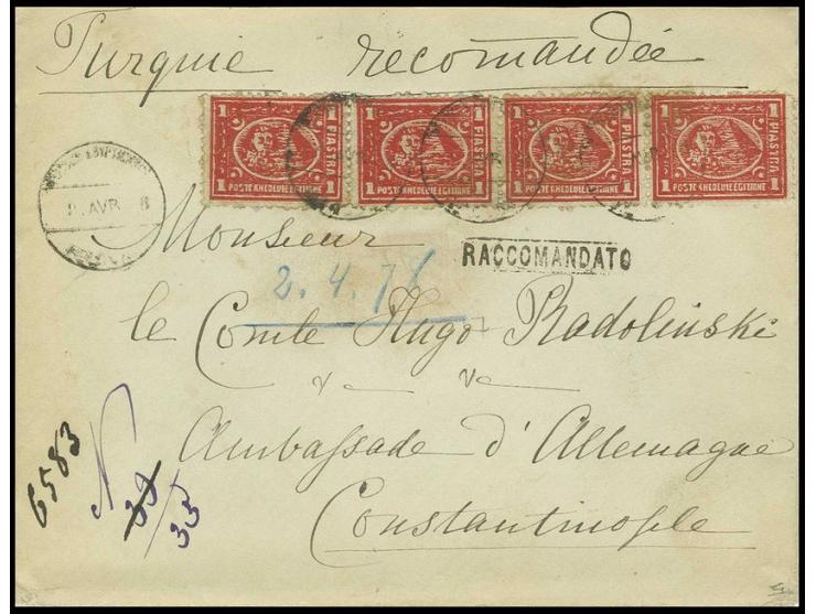 1 pia. red, fine horizontal strip of four tied to neat 1878 registered cover to Count Radolinski in Constantinople by "Postes