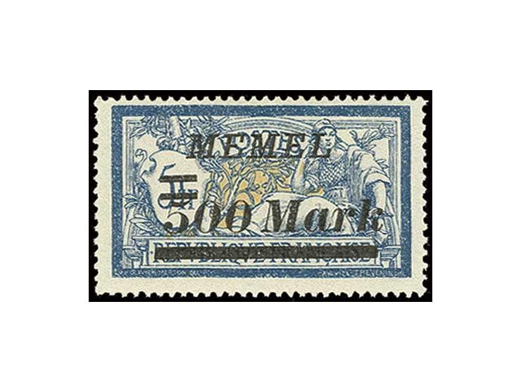 1923, unverausgabte 500 Mark auf 5 Francs, postfrisch, typische, gering unregelmäßige Zähnung; eine sehr seltene Marke, signi