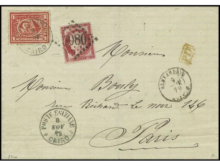 1 pia. red, used on 1875 combination cover from Cairo to Paris, neatly tied by "Poste Egiziane-Cairo" datestamp (Nov 8), mail