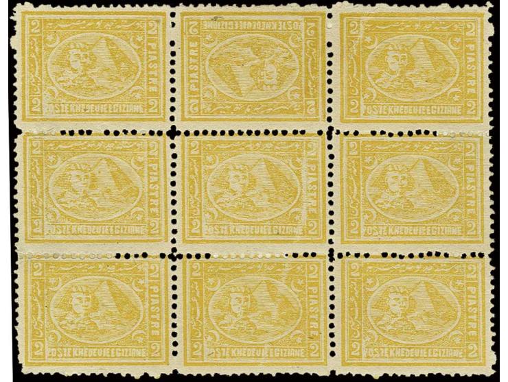2 pia. yellow, perf. 13 x 12 ½, a fresh and fine mint block of nine, the upper stamp in top row horizontally and vertically t