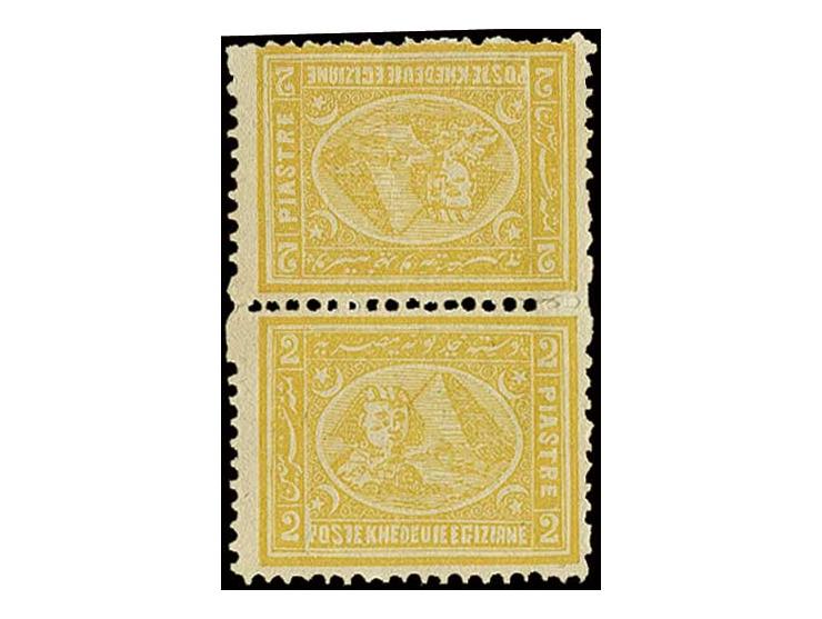2 pia. yellow, perf. 13 x 12 ½, a fresh and fine mint vertical tête-bêche pair, good colour and large part original gum. Rare