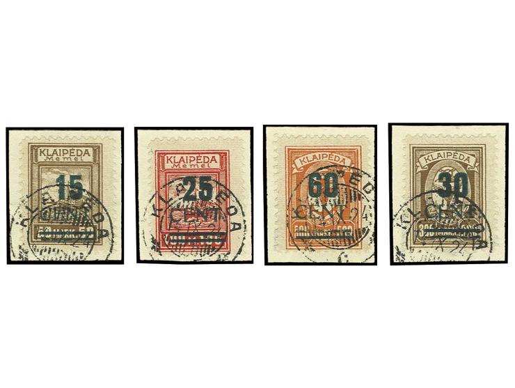 Grünaufdruck 15 CENT. auf 50 Mark - 60 CENT. auf 500 Mark in Type I komplett, jeweils sauber gestempelt "KLAIPEDA c 14.IX. 24
