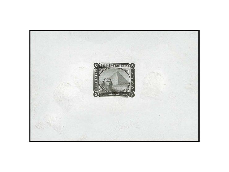 Die Proof for completed 5 piastres value in black on glazed white card, a fine and scarce Proof (Nile Post = $ 400).