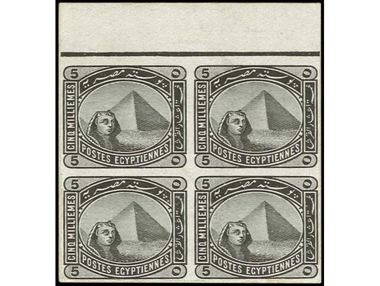5 m., imperforated proof,  top marginal block of four printed in black adhered to thick card. A fine and scarce multiple.