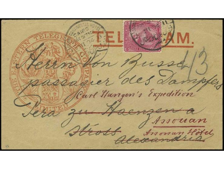5 m. carmine used on 1904 "Eastern Telegraph Company" envelope addresssed to Carl Hangen´s Expedition, Assouan tied by "Cairo