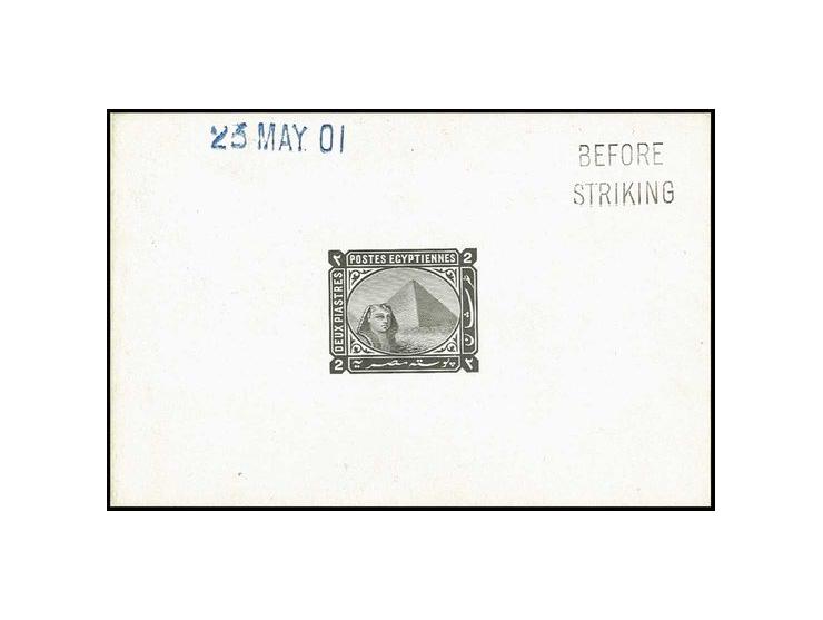 2 pia., Die Proof in black on white glazed card, struck in blue "23 May 1901" and in black "Before / Striking". A rare and fi