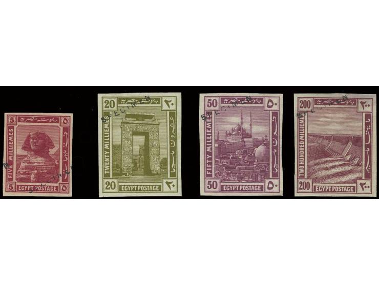 5 m. lake, 20 m. olive, 50 m. purple and 200 m. maroon, all imperforated with  wm., overprinted "SPECIMEN" diagonally in blac