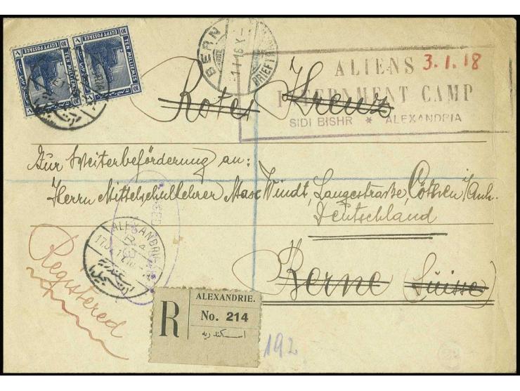 10 m. blue pair used on 1918 registered cover struck with large framed "Aliens / Internment Camp / Sidi Bishr * Alexandria" a