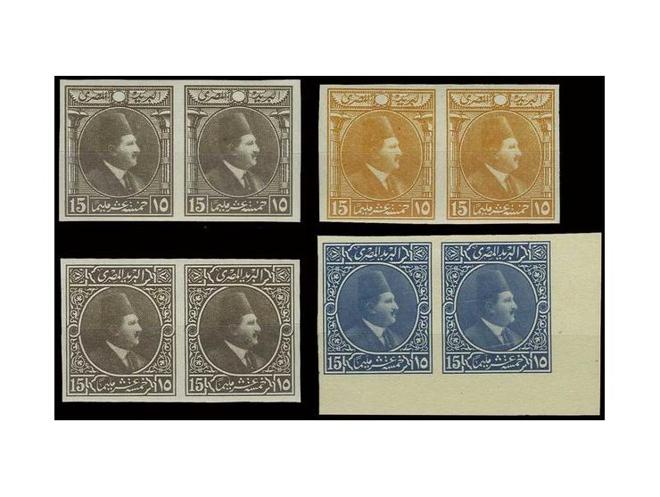 Essays by Harrisons for first Fuad issue: 15 m. imperforate pairs (2 different) in deep brown, 15 m. pair in orange, all on w