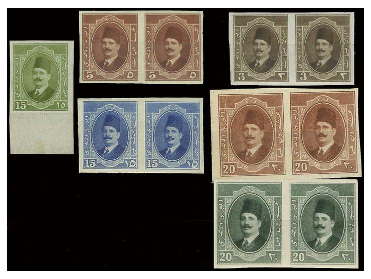 3 m. pair in grey brown, 5 m. red brown pair in issued colour, marginal example of 15 m. in apple green, 15 m. pair in blue (